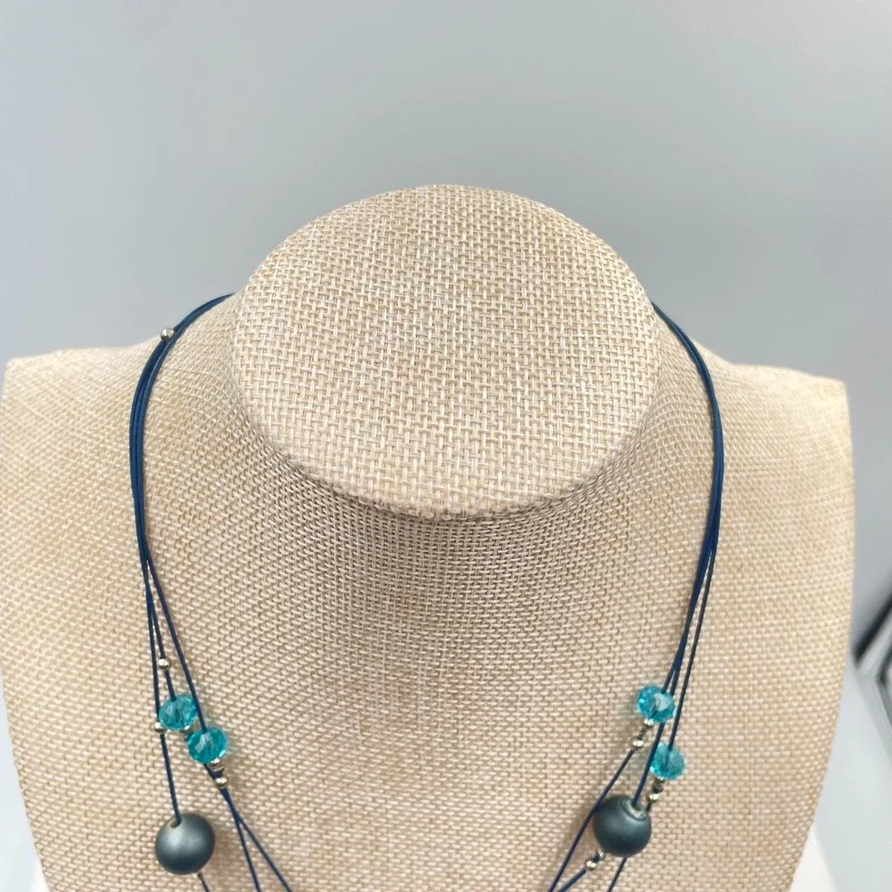 Vtg Artisan Multi-Layer Blue Cord Necklace Teal Glass Crystal Gunmetal Grey Bead
